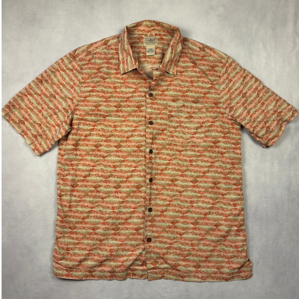 LL Bean Mens Traditional Fit Short Sleeve Cotton Button Down Shirt Orange M-Reg‎